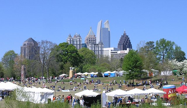 Dogwood Festival in Piedmont Park with Midtown Atlanta Skyline