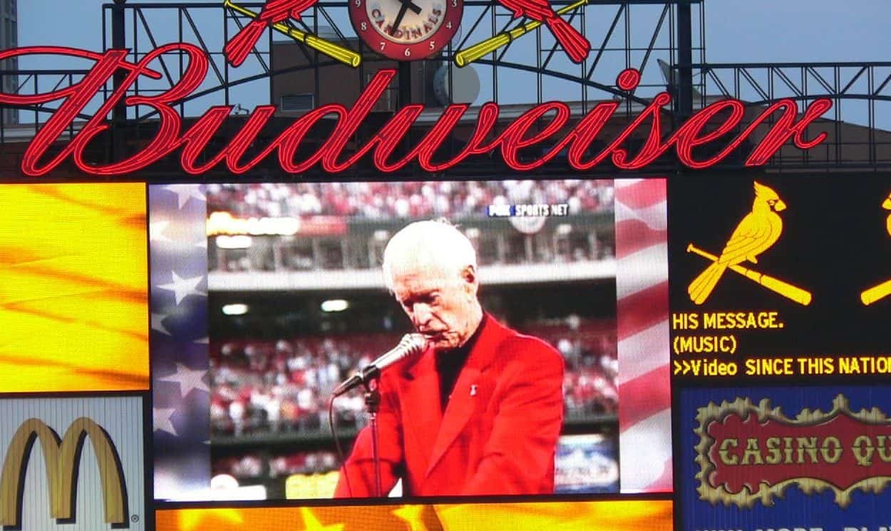 Jack Buck giving speech at Busch Stadium. Photo credit: majorvols/Wikimedia