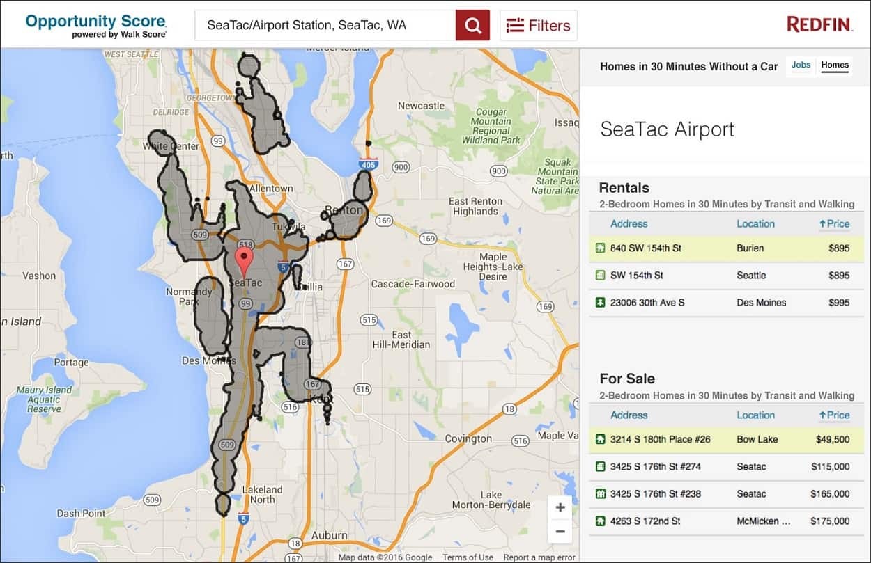 Opportunity Score can be used to find affordable homes within a 30-minute commute to the workplace, SeaTac Airport in this example.
