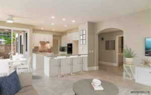 Gallery style kitchen with breakfast bar and staging