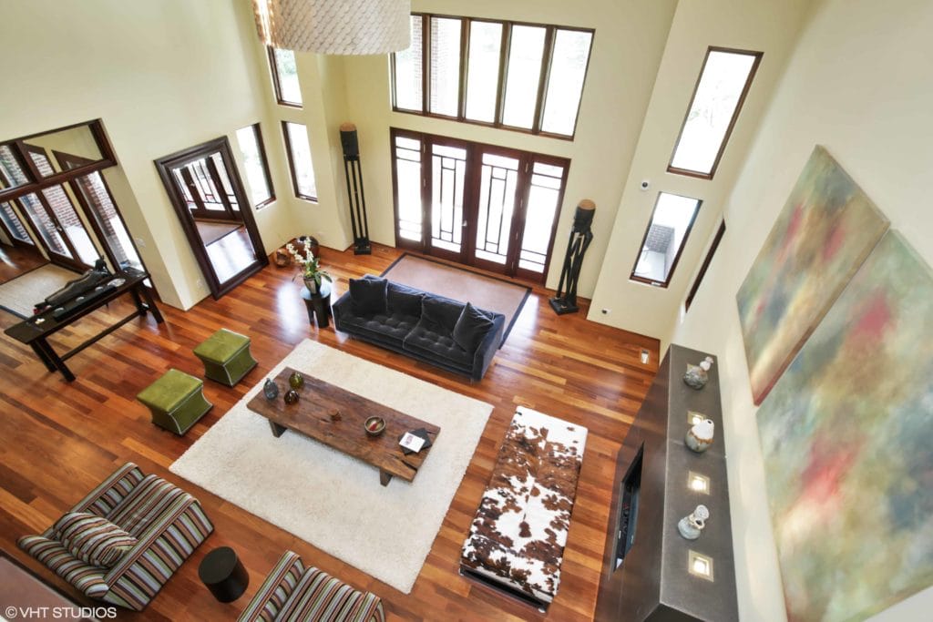 High view of living room with great hardwood floors