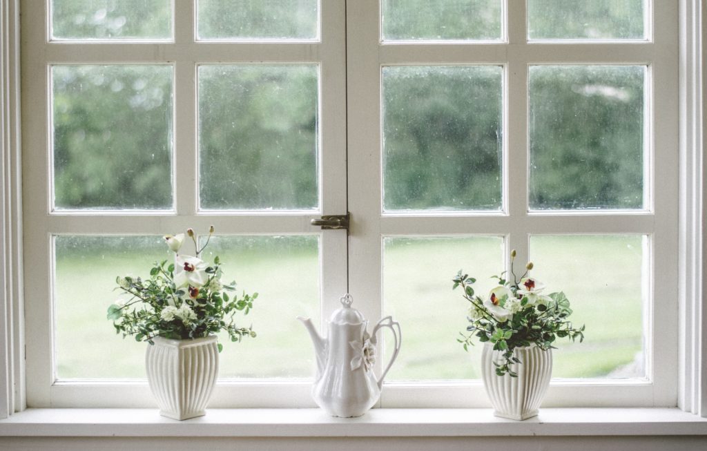 two potted plants sitting in front of white framed windows recently replaced