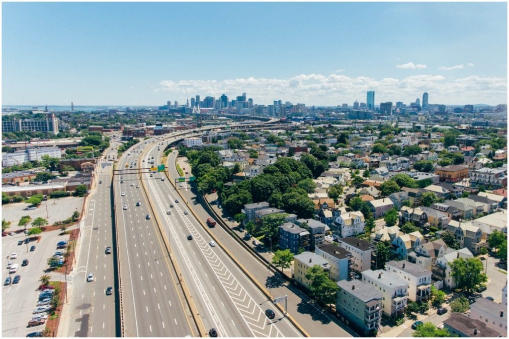 aerial view of downtown highway traffic