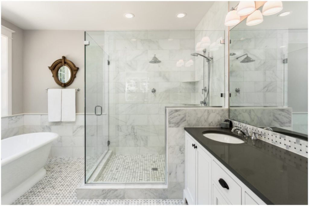 bright white bathroom large shower and tub