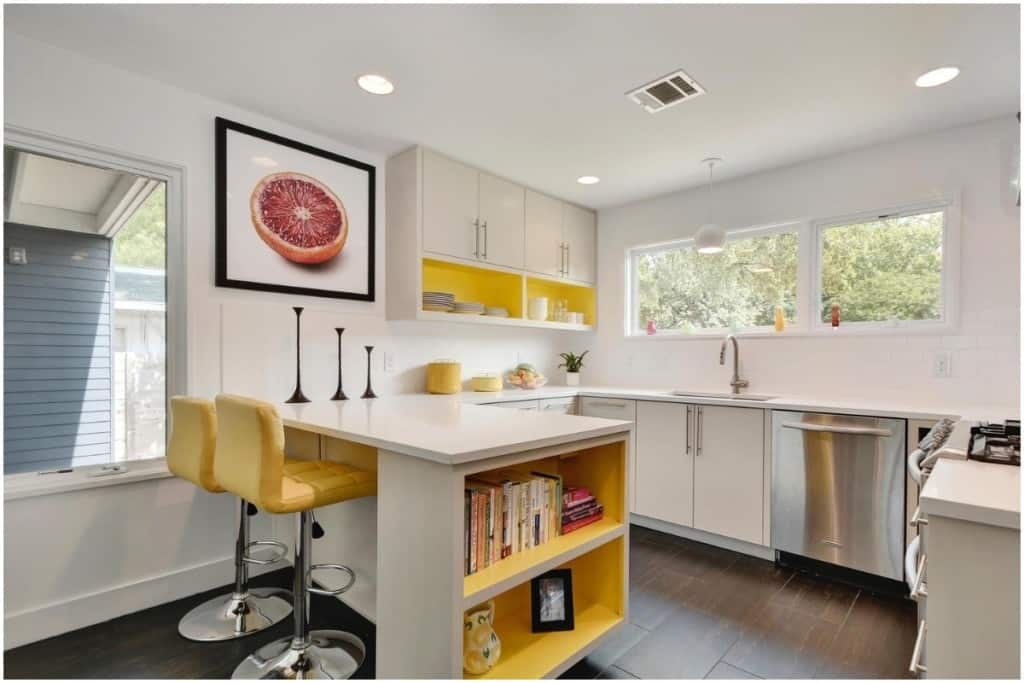 white and yellow organized kitchen grapefruit