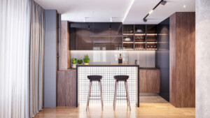 Modern kitchen with kitchen bar, bar stools, wooden and glass cabinets, kitchen appliances. Large window with curtains, parquet floor, white ceiling. Render