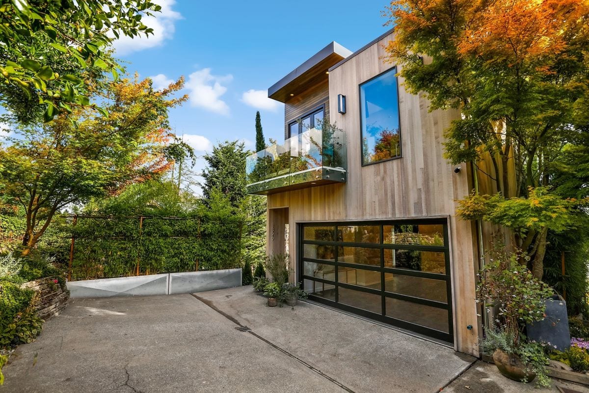 Energy-efficient, modern home photographed from the driveway