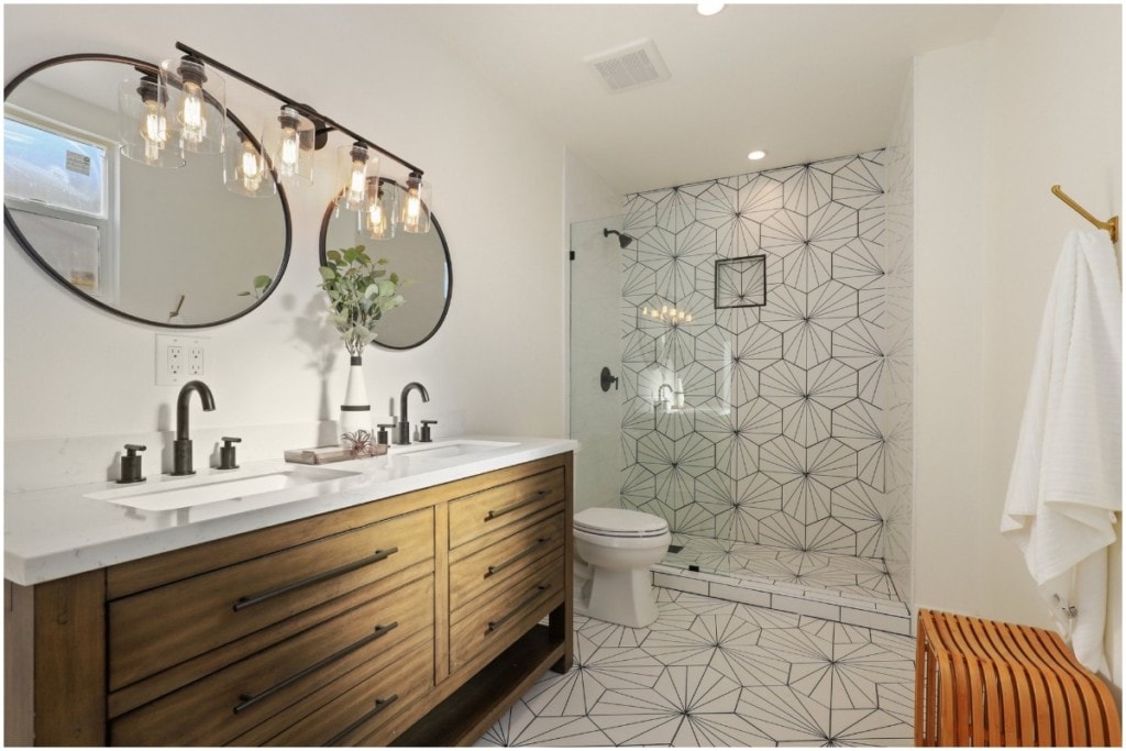 bright bathroom with patterned tile