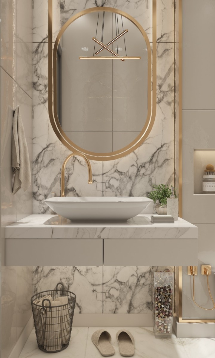 powder room revamp gold fixtures marble