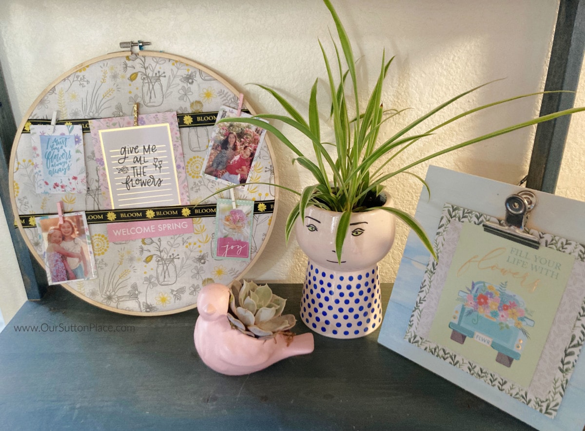 Spring Shelfie with DIY embroidery hoop from Our Sutton Place