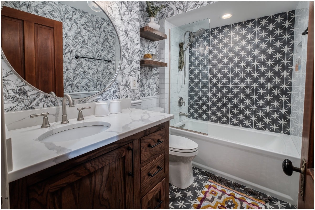 A modern bathroom with unique tiles