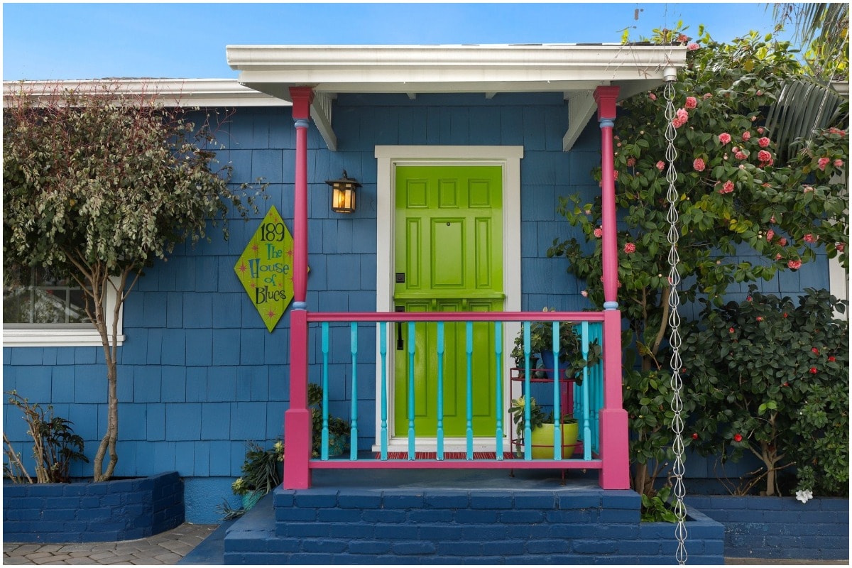 Blue house with green door