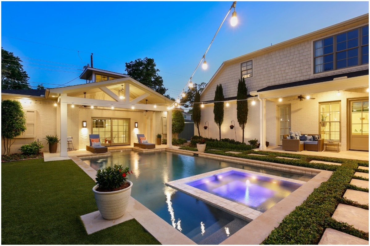 A backyard pool outdoor living space