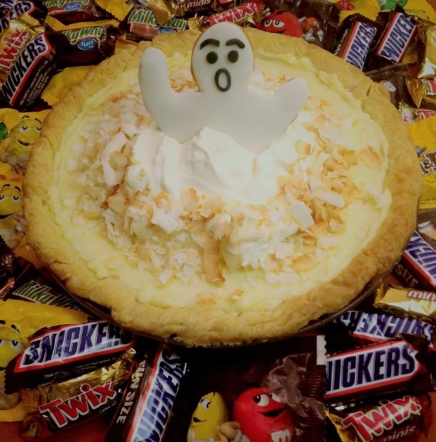Coconut pie topped with a spooky ghost