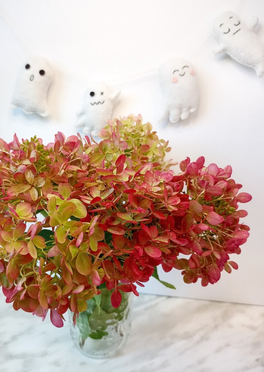 hydrangeas-with-hanging-ghosts-on-wall