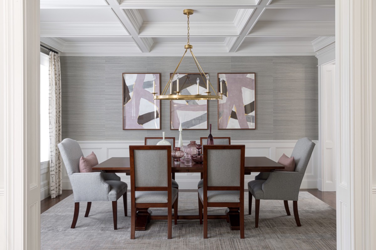 dining room with purple glass decor centerpiece