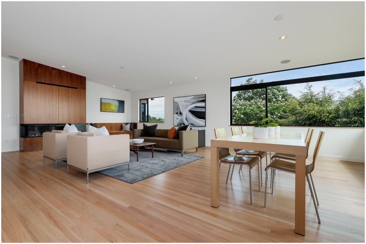 Large living room with hard wood floors