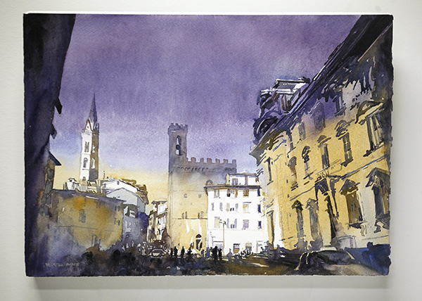 watercolor painting on a canvas with a city scape