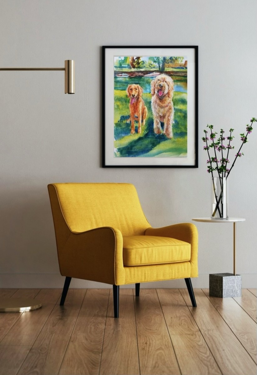 watercolor painting of two dogs on a living room wall with a yellow chair