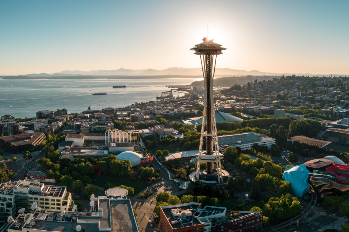 The space needle with the puget sound in the background