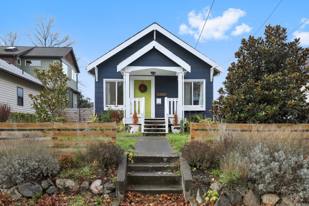 bungalow house style with blue exterior and white trim