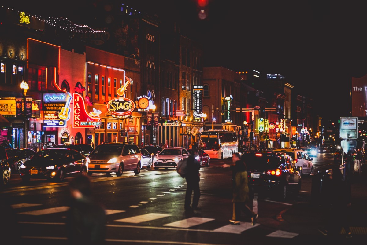 city street in downtown nashville at night