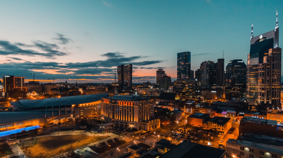 aerial view of nashville at sunset