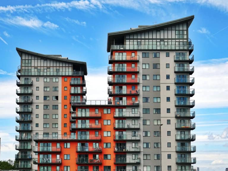 Front view of an apartment units with balconies