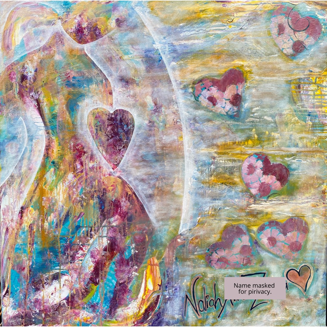 abstract painting with mauve hearts, blues 