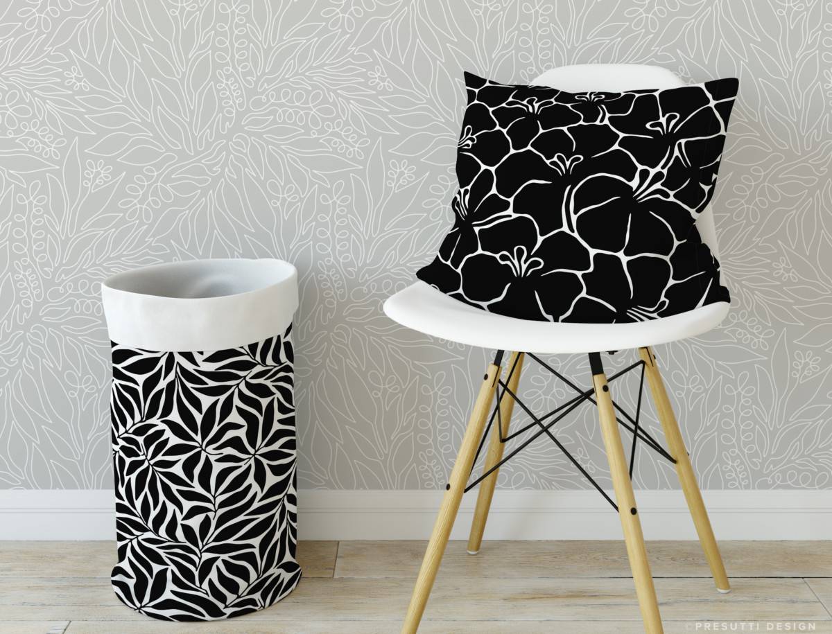 chair and basket with similar black and white patterned prints