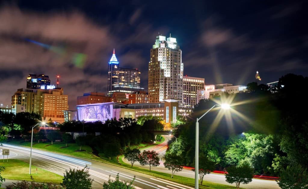 view of raleigh north carolina skyline at night