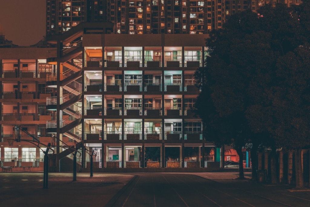 Apartment community building in the evening