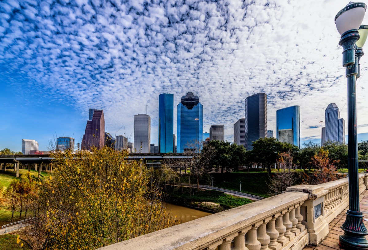 view of downtown houston with clouds in the sky