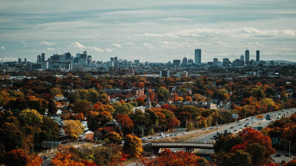 Boston city with fall trees