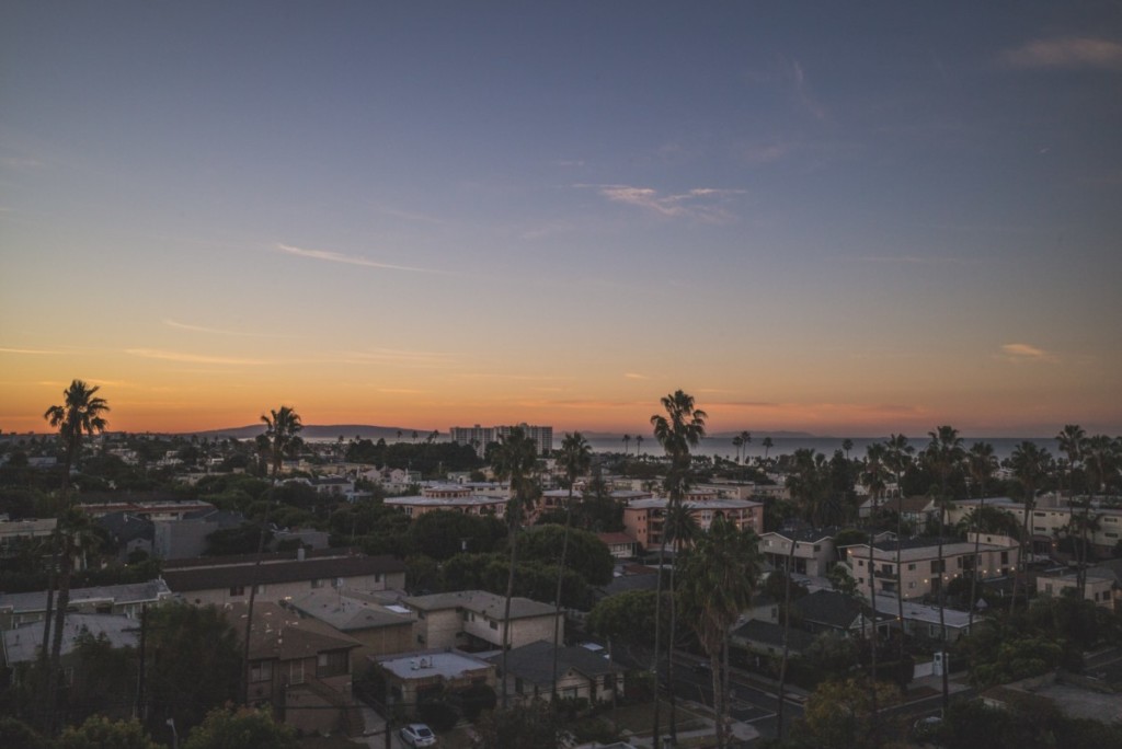 aerial view of cities near long beach at sunset