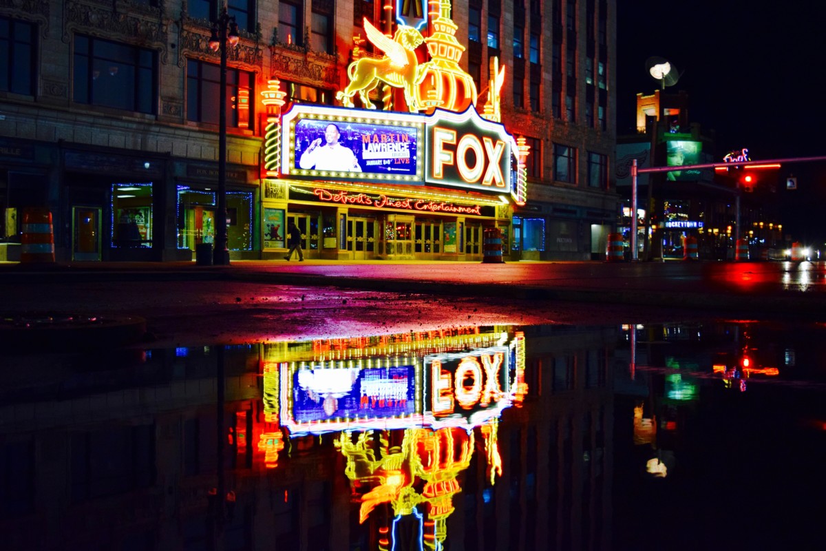 detroit theater at night with bright lights