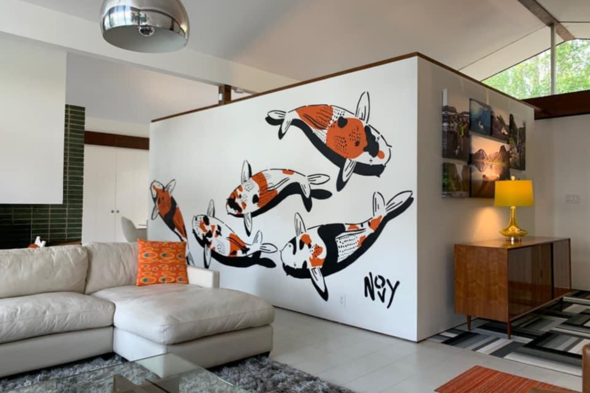 A koi mural in a living room