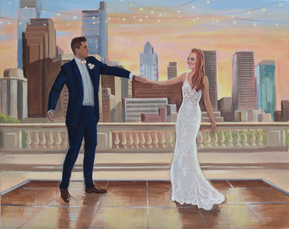 Uma pintura de um casal dançando em um telhado na Filadélfia