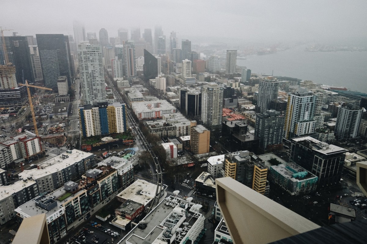 view of downtown seattle skyline during snowy weather