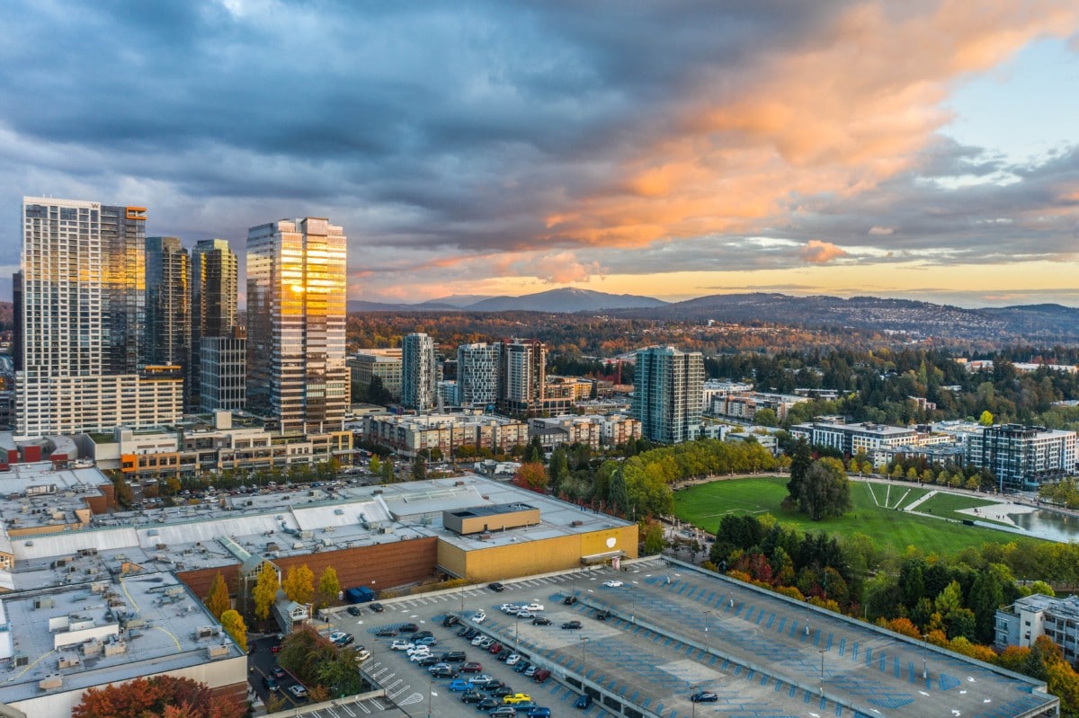 bellevue downtown area at sunset with buildings and parks