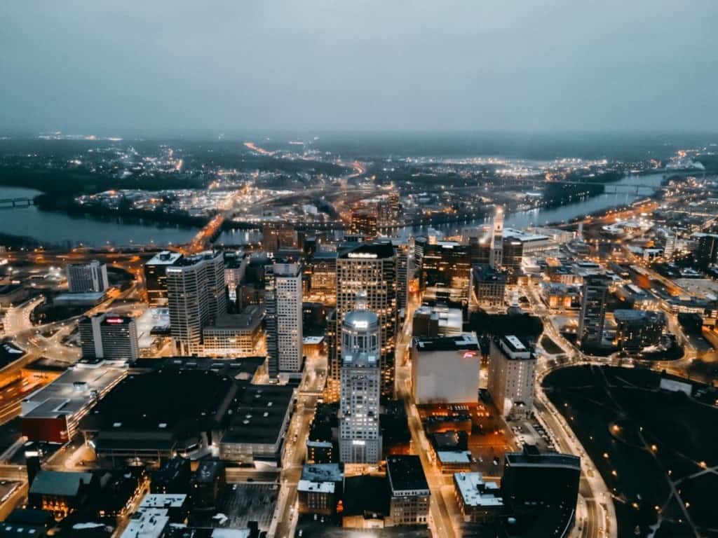 hartford connecticut aerial view at dusk