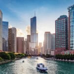 Chicago River Cityscape at Sunset