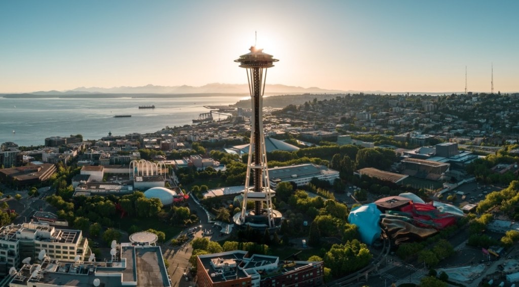 Aerial view of the Space Needle in Seattle