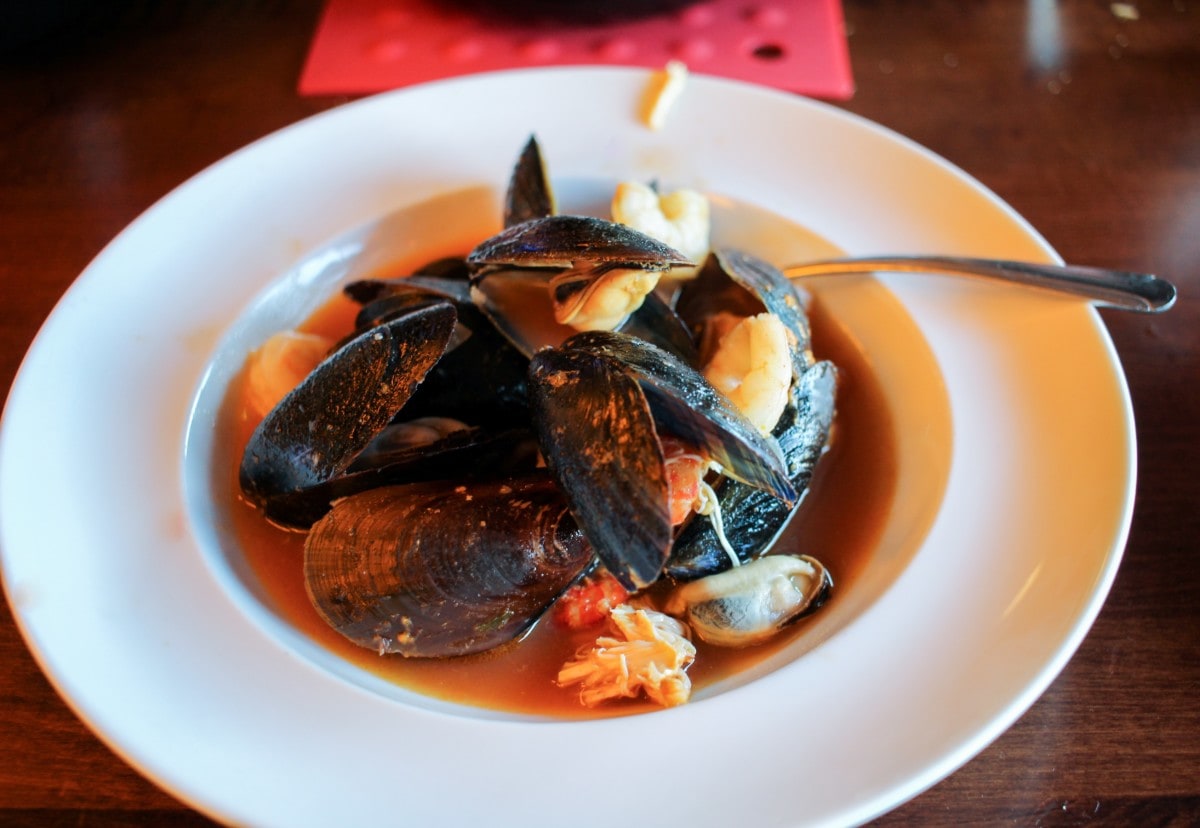 mussels in broth at a restaurant