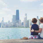 Adult couple looking at Chicago skyline