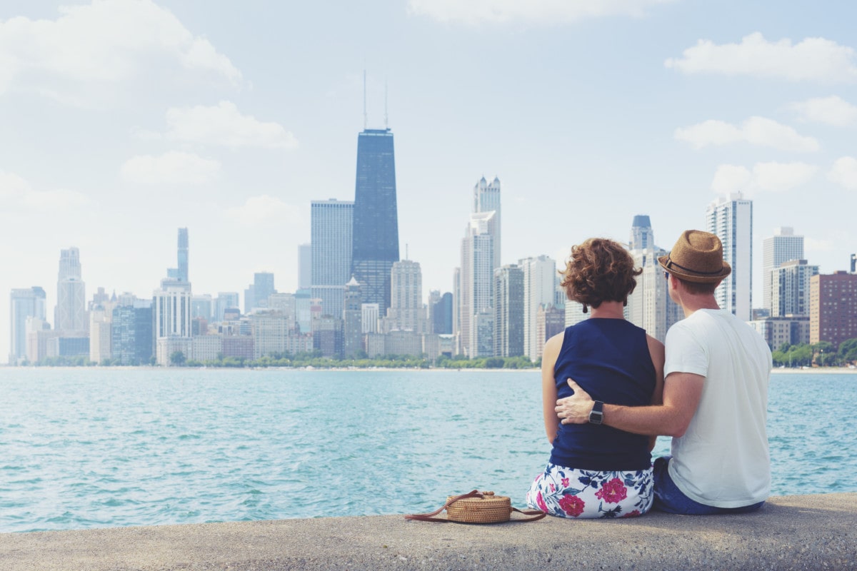 Adult couple looking at Chicago skyline