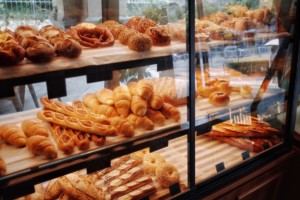 A display of bread and pastries at a bakery in Boston