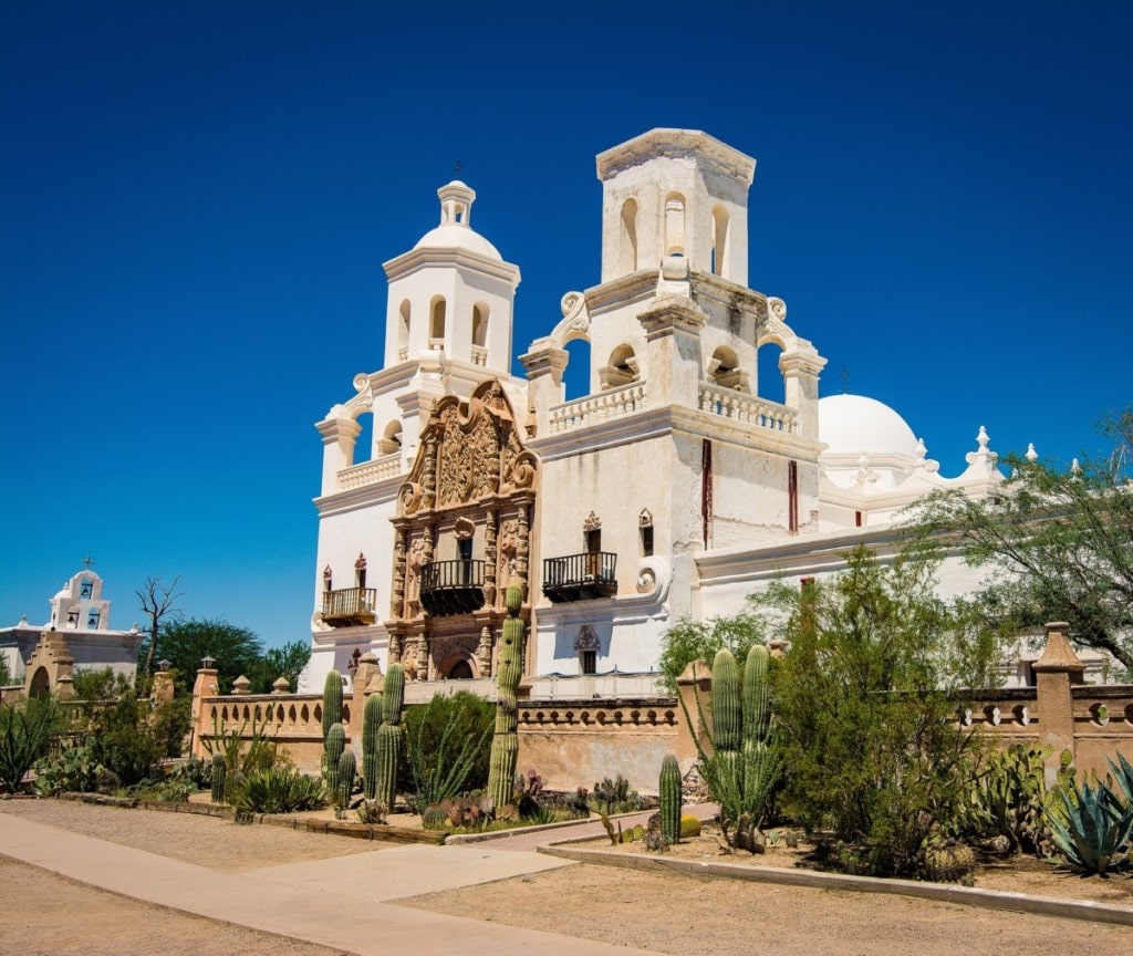 view of san xavier mission in tucson arizona on bright sunny day