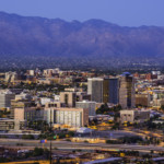 Tucson Arizona skyline cityscape and Santa Catalina Mountains at dusk