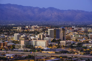 Tucson Arizona skyline cityscape and Santa Catalina Mountains at dusk